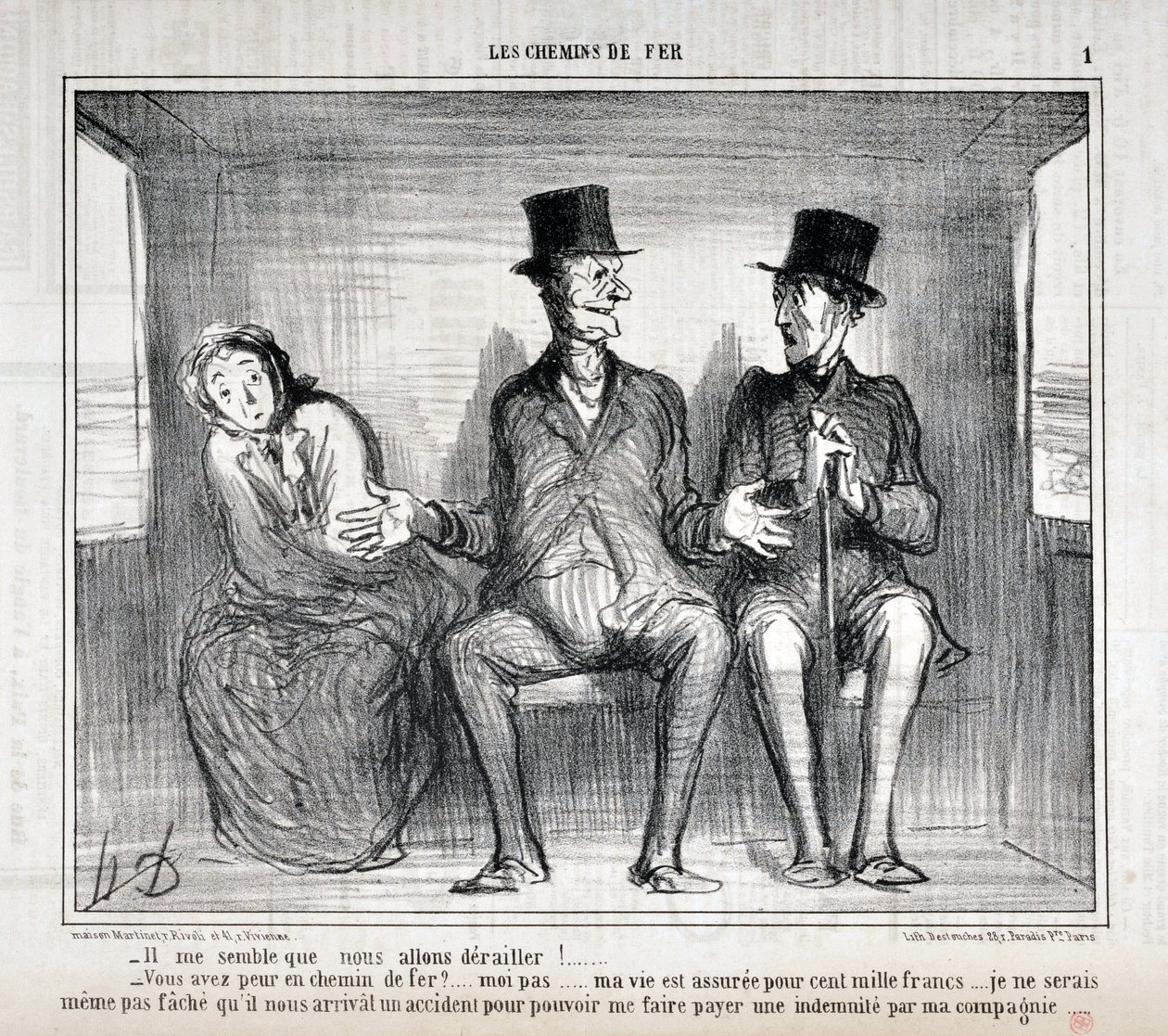 Opera di Honore Daumier (1808-1879). Charivari del 1857: Serie LES RAILWAYS - Mi sembra che deraglieremo!... Hai paura sulla ferrovia?... io no... la mia vita è assicurata per centomila franchi... non voglio nemmeno preoccuparmi da Honoré Daumier