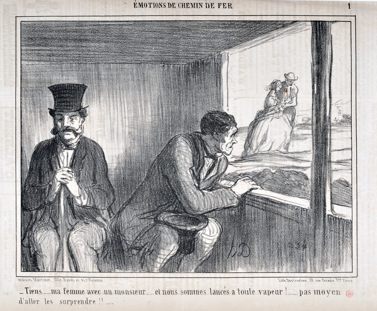 Opera di Honoré Daumier (1808-1879) Charivari del 1858: Serie EMOZIONI IN Ferrovia -Tieni... mia moglie con un signore... e siamo lanciati a tutta velocità!... nessun modo per sorprenderli!! MUSEO DELLE BELLE ARTI - PALAZZO LONGCHAMP, MARSIGLIA da Honoré Daumier