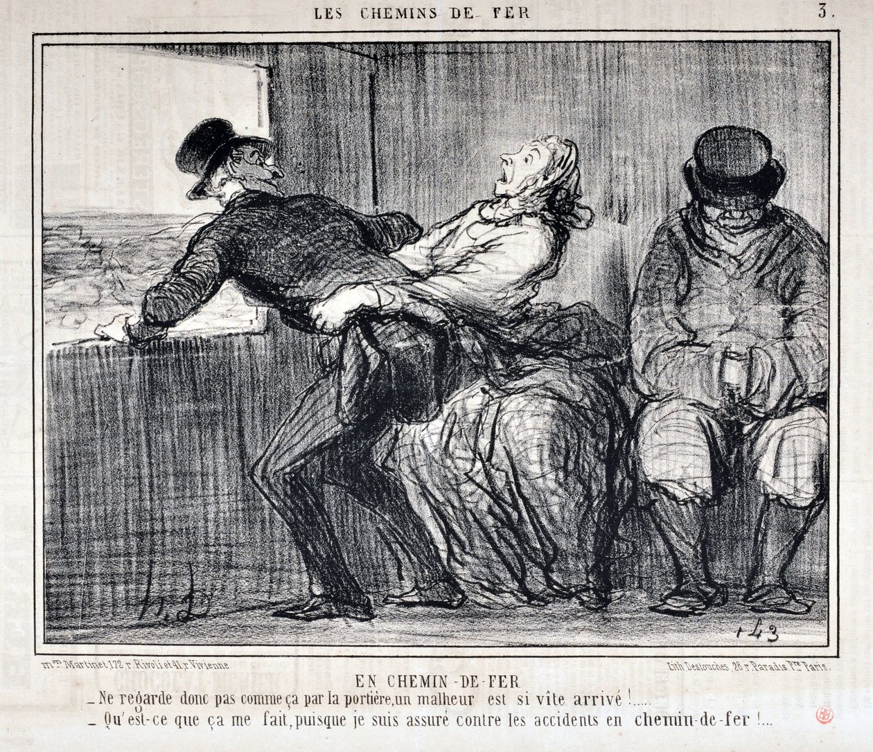 Serie LE FERROVIE. "-Quindi non guardare così attraverso la porta, un disastro sta arrivando così velocemente!... -Che importa, visto che sono assicurato contro gli incidenti sulla ferrovia". MUSEE DES BEAUX ARTS - PALAIS LONGCHAMP, MARSEILLE da Honoré Daumier