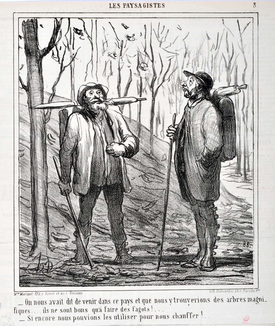 Opera di Honoré Daumier (1808-1879). Charivari del 1864: Serie LES LANDSAGISTS "- Ci è stato detto di venire in questo paese e che avremmo trovato alberi belli... sono buoni per fare fascine!... Se potessimo usarli per riscaldarci!..." MUSEUM OF FIN da Honoré Daumier