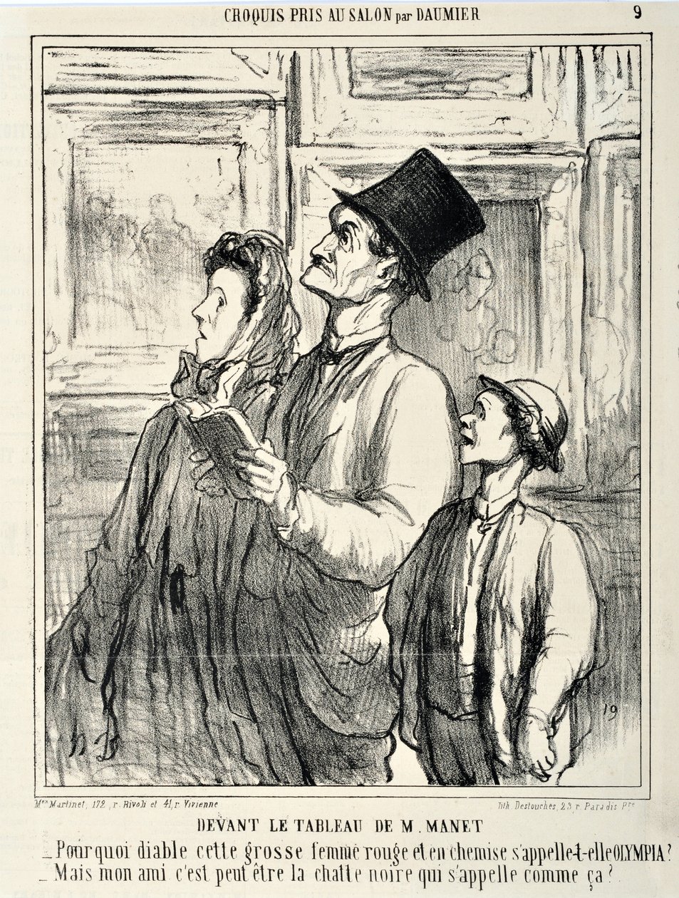 Serie CRUQUIS PAUIT AU SALON Davanti a un quadro di Manet "-Perché diavolo questa grossa donna rossa e in camicia si è chiamata Olympia? -Ma amico mio forse il gatto nero si chiama così?". MUSEE DES BEAUX ARTS - PALAIS LONGCHAMP, MARSEILLE da Honoré Daumier