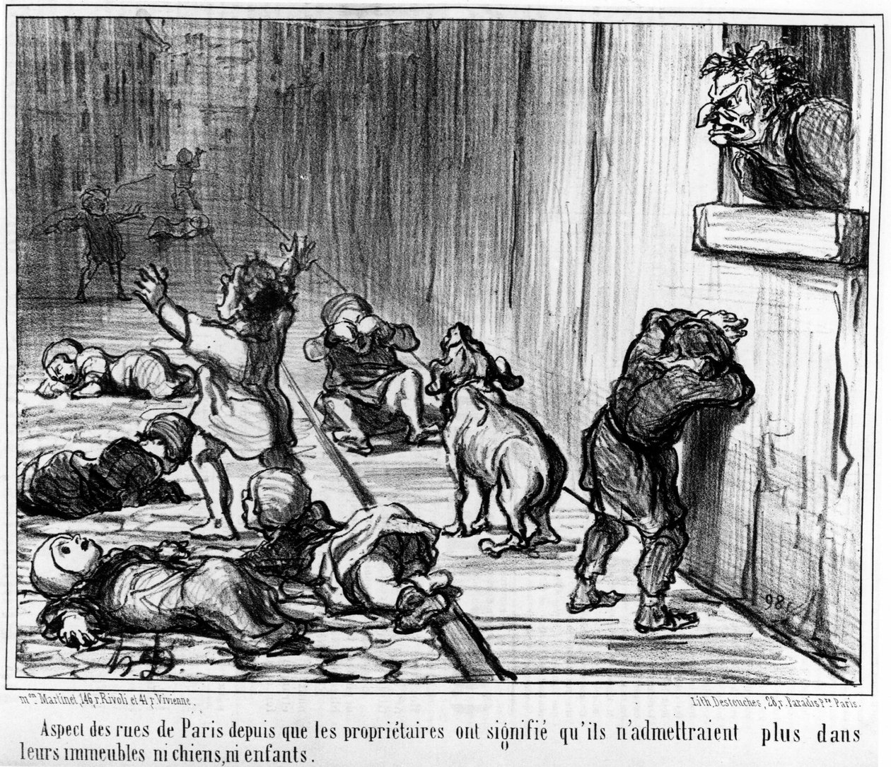 Aspetto delle strade di Parigi da quando i proprietari hanno fatto sapere che non avrebbero più ammesso nei loro edifici né cani né bambini, tratto da "Tenants et Proprietaires", una serie di caricature di Honore Daumier (1808-1879). "Charivari" da Honoré Daumier
