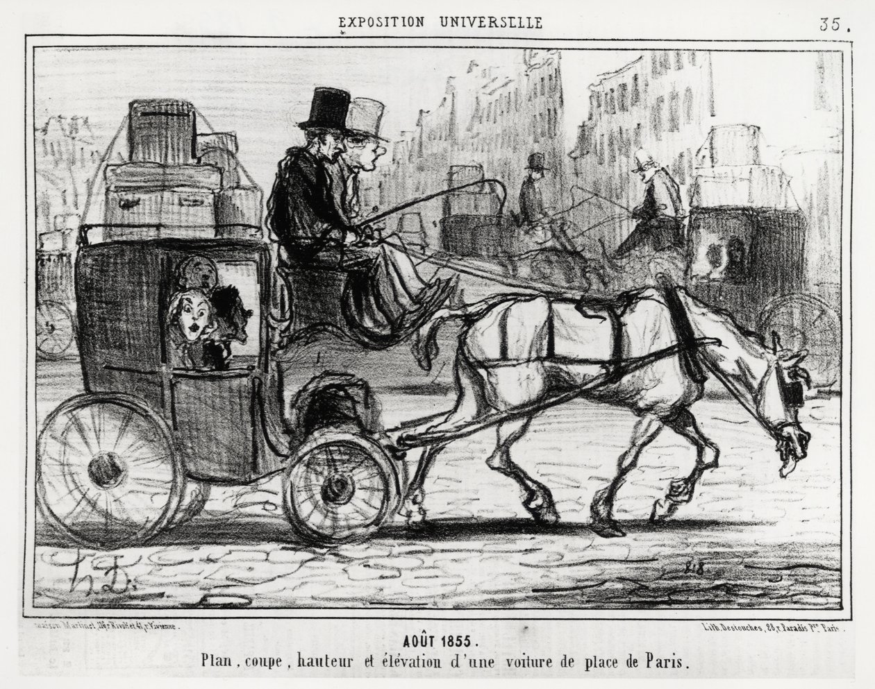 Agosto 1855, esposizione universale: pianta, taglio, altezza ed elevazione di una carrozza parigina (illustrazione di Honoré Daumier, pubblicata in Charivari, 4 settembre) da Honoré Daumier