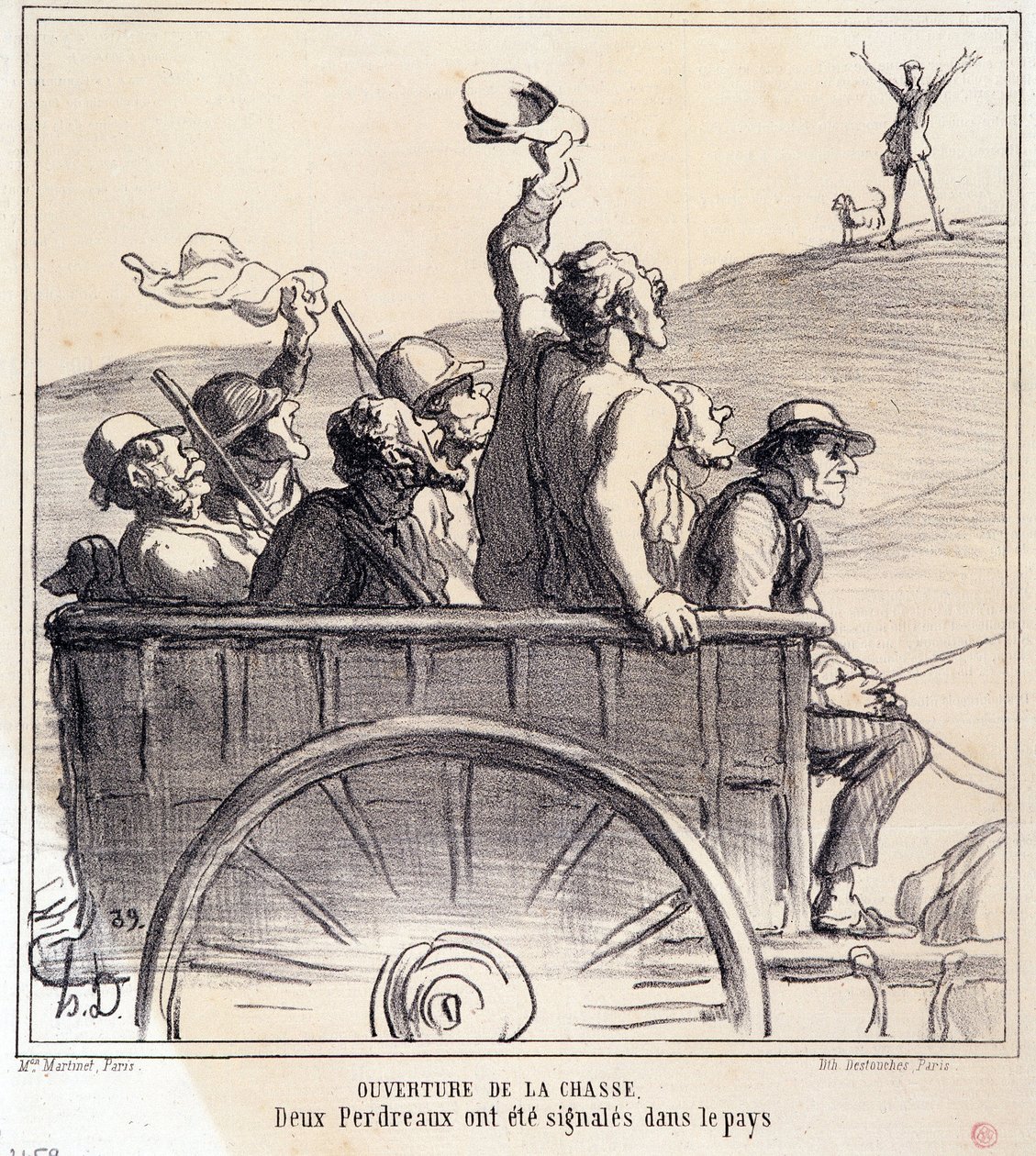 Cartone animato sui cacciatori. Serie “Schizzo autunnale: Apertura della caccia, due pernici segnalate in campagna”, dal giornale “Le Charivari” da Honoré Daumier