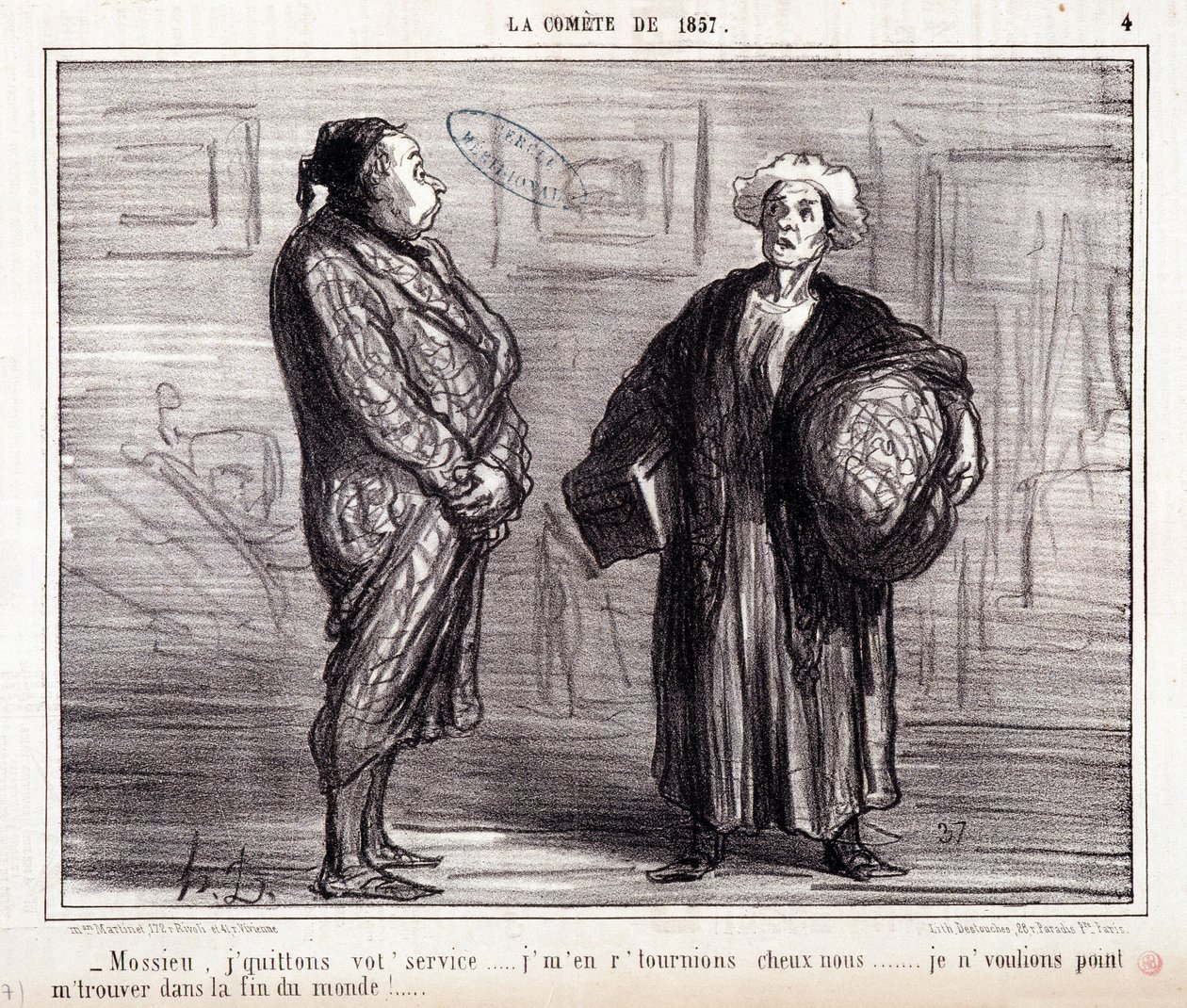 Cartone animato sulla scienza. Serie "Sulla Cometa del 1857": "Mossieu, lascio il tuo servizio...". Incisione di Honore Daumier. Estratto dal giornale "Le Charivari" del 13 marzo da Honoré Daumier
