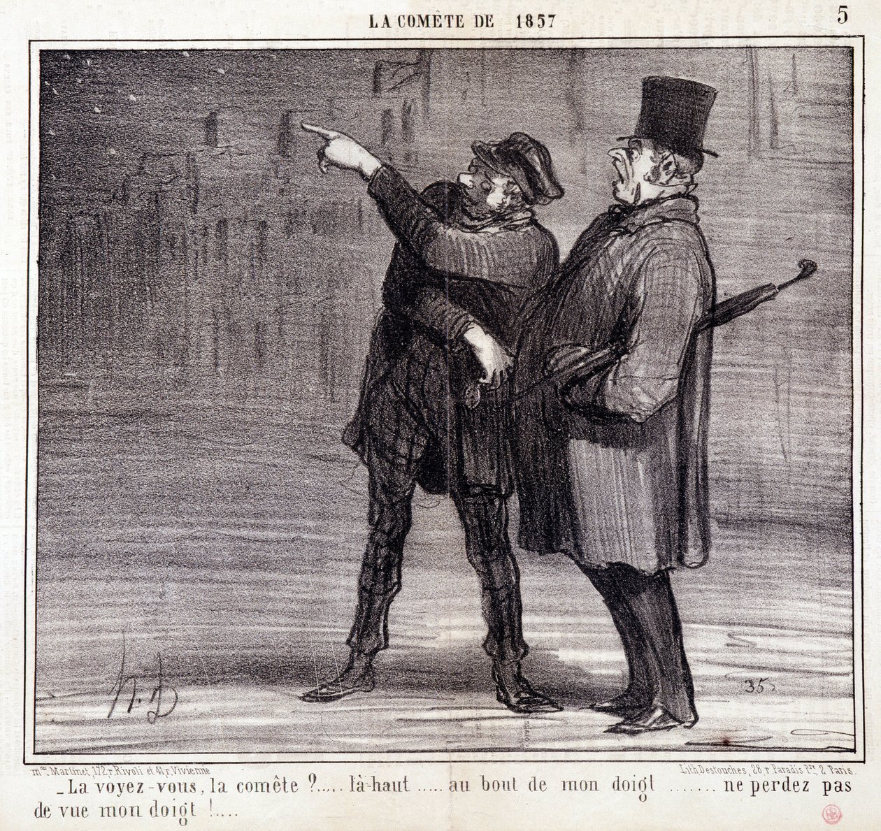 Cartone animato sulla scienza. Serie sulla "Cometa del 1857": "Vedi il comitato?..." Un ladro distrae la sua vittima. Incisione di Honore DAUMIER (1808-1879). Estratto dal giornale "Le Charivari" 19 marzo da Honoré Daumier