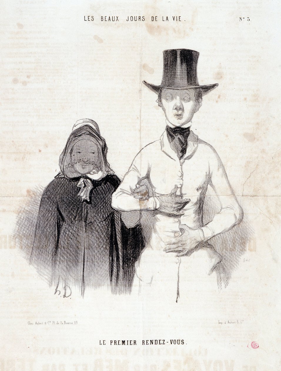 Vignetta sulla coppia: Serie "I bei giorni della vita": "Il primo appuntamento". Incisione di Honoré Daumier (1808-1879). Estratto dal giornale "Le Charivari", 2-3 gennaio da Honoré Daumier