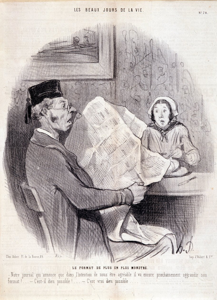 Cartone animato sulla stampa. Serie "I bei giorni della vita": "Il formato sempre più mostruoso...". Incisione di Honore DAUMIER (1808-1879). Estratto dal giornale "Le Charivari" del 18 ottobre da Honoré Daumier