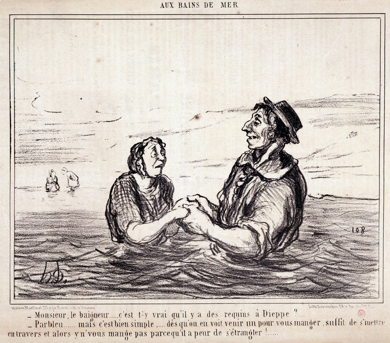 Cartone animato sui turisti in vacanza. Serie “aux Bains de Mer”: “Monsieur le bathneur... è vero che ci sono squali a Dieppe?...” Incisione di Honoré Daumier. Estratto dal giornale “Le Charivari” 8 giugno da Honoré Daumier