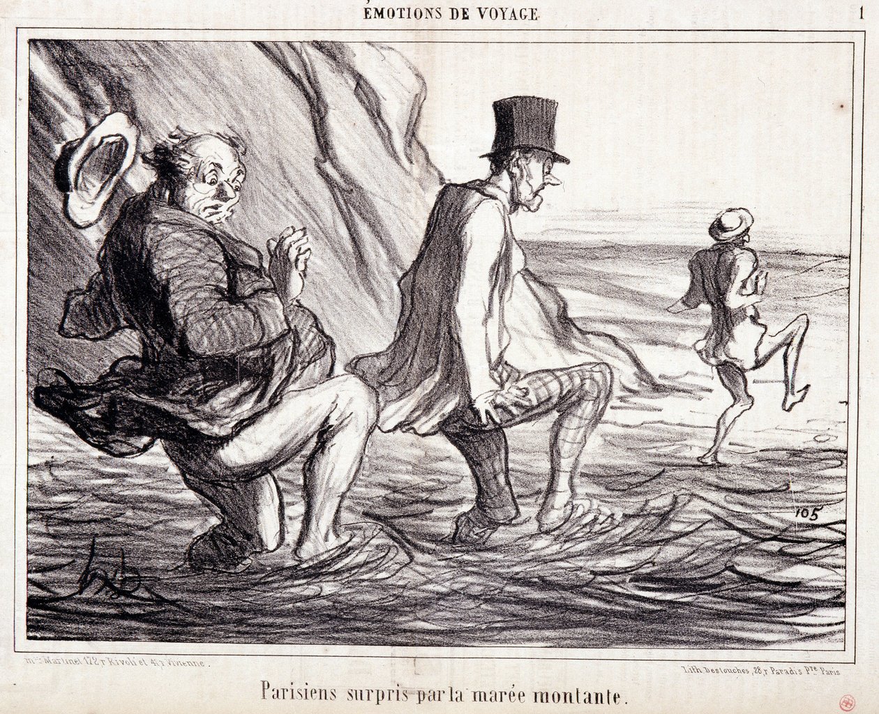 Vignetta sui turisti in vacanza. Serie "Ax Bains de Mer": "Emozioni di viaggio. Parigino sorpreso dalla marea crescente". Incisione di Honoré Daumier (1808-1879). Estratto dal giornale "Le Charivari" 8 ottobre da Honoré Daumier