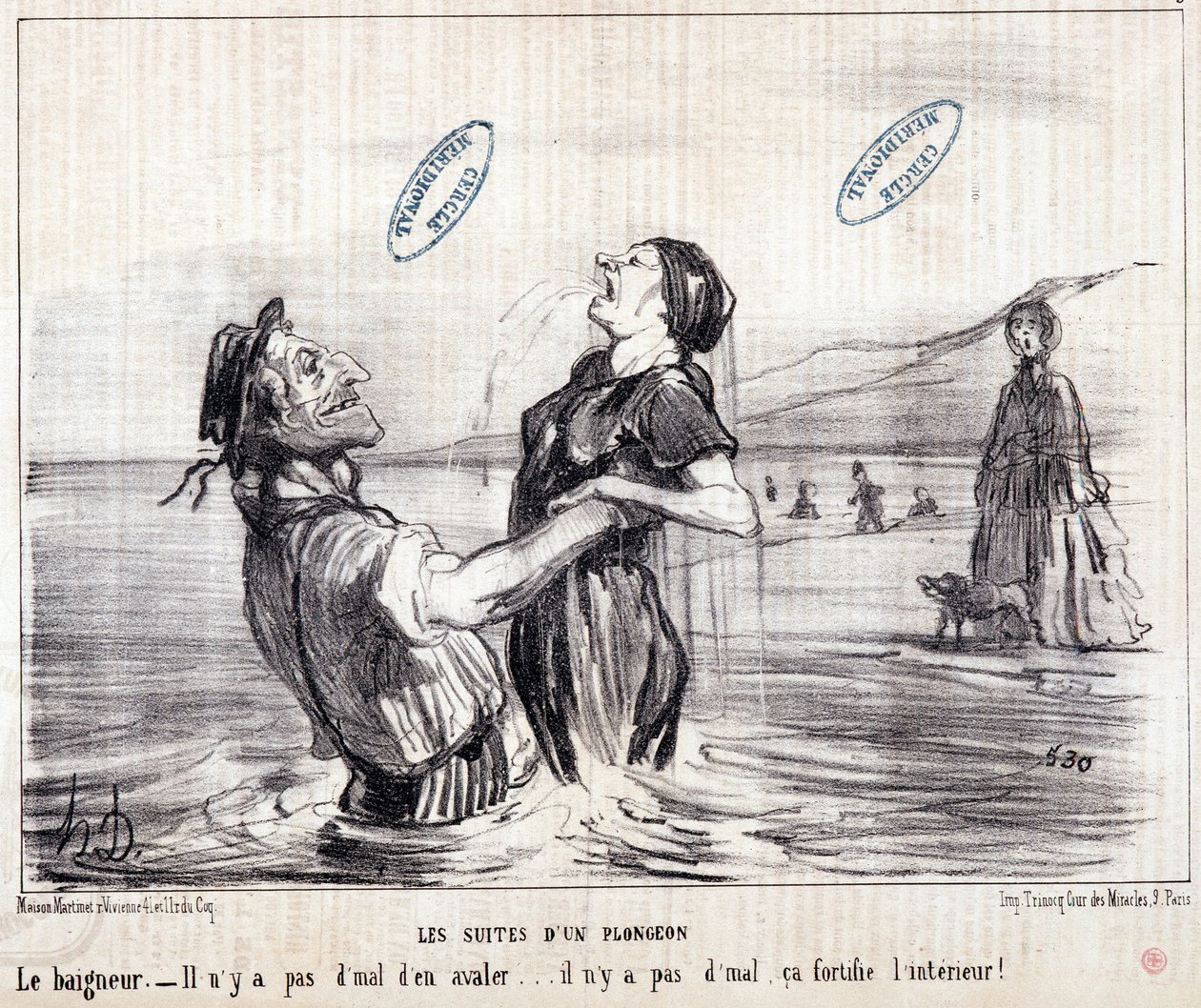 Vignetta sui turisti in vacanza. Serie "Les Bains de Mer": "Schizzo acquatico. Le sequenze di un tuffo". Incisione di Honoré Daumier (1808-1879). Estratto dal giornale "Le Charivari" nel 1853. da Honoré Daumier