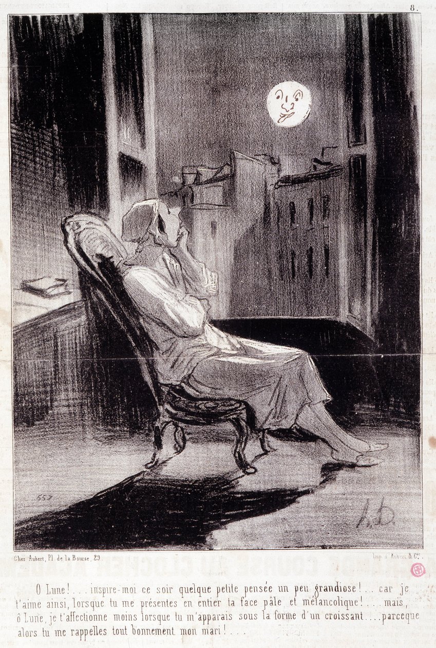 Vignetta sulle scrittrici. Serie "Bas Bleus": "O! Luna ispirami stanotte...". Incisione di Honoré Daumier (1808-1879). Estratto dal giornale "Le Charivari" 28 febbraio da Honoré Daumier