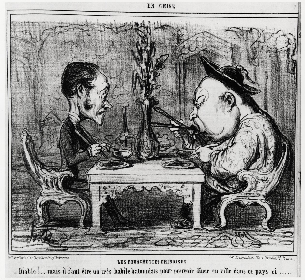 Forchette cinesi: "Diavolo! ma devi essere un abile bastonista per poter cenare in città in questo paese. ", nella serie En Chine, illustrazione di Honore Daumier (1808-1879), pubblicata in "Charivari" da Honoré Daumier