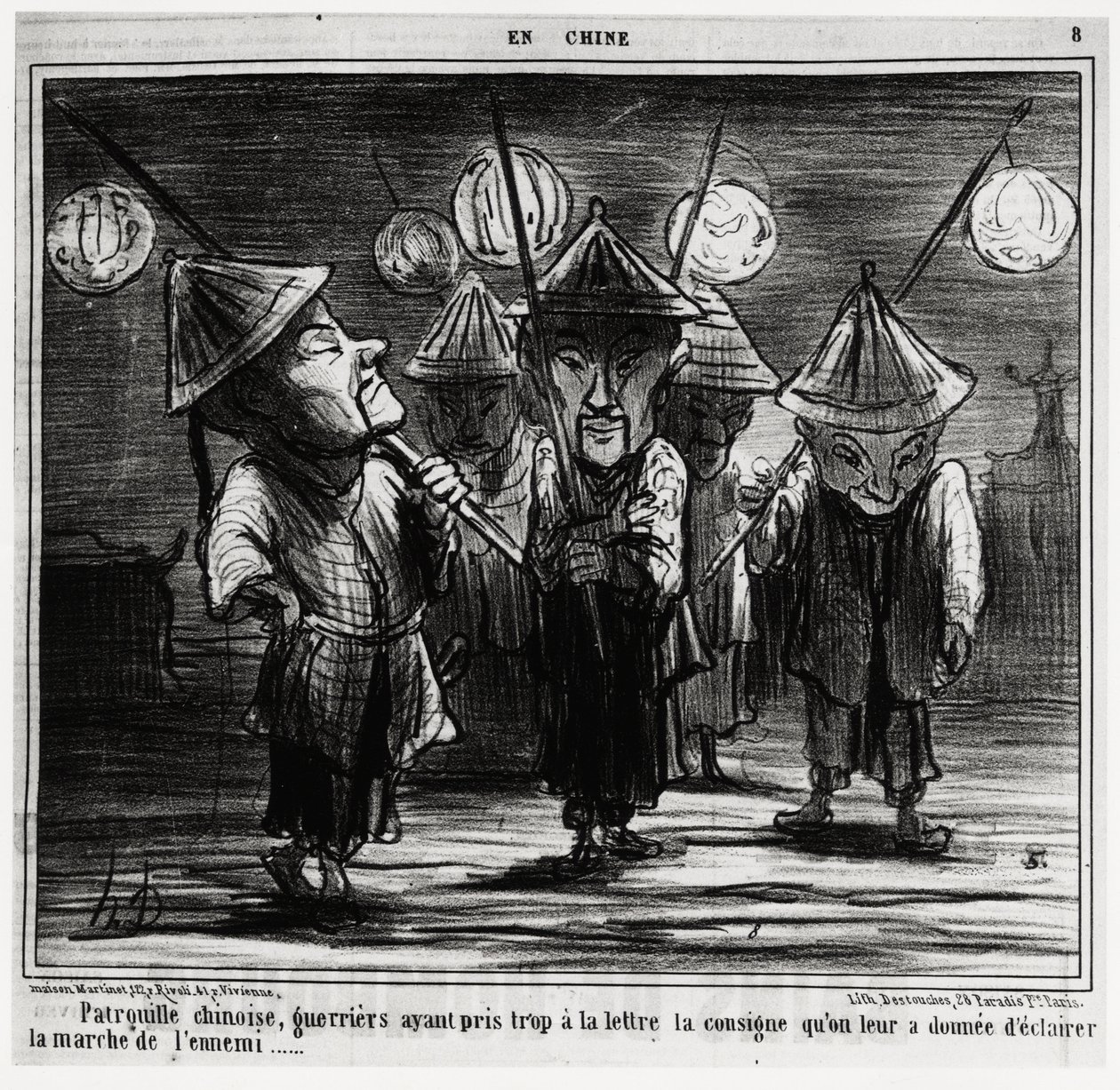 Pattuglia cinese, guerrieri che hanno preso troppo alla lettera le istruzioni che gli erano state date per illuminare la marcia del nemico. Nella serie En Chine, illustrazione di Honore Daumier (1808-1879), pubblicata in "Charivari", datata 25 gennaio da Honoré Daumier