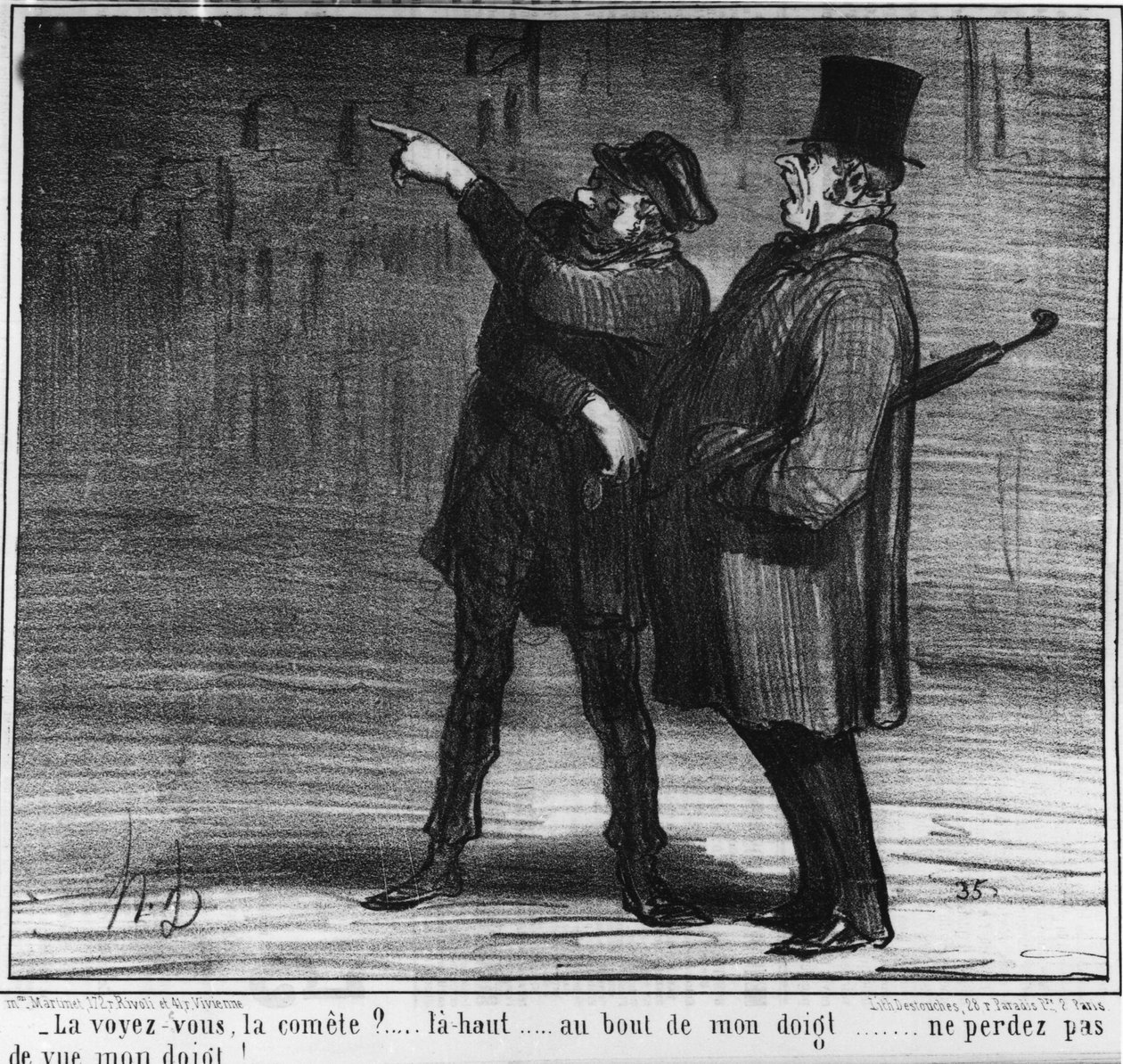 Vedi la cometa? su... alla fine del mio dito... non perdere di vista il mio dito!... , cartone animato di Honore Daumier (1808-1879). "Charivari" da Honoré Daumier