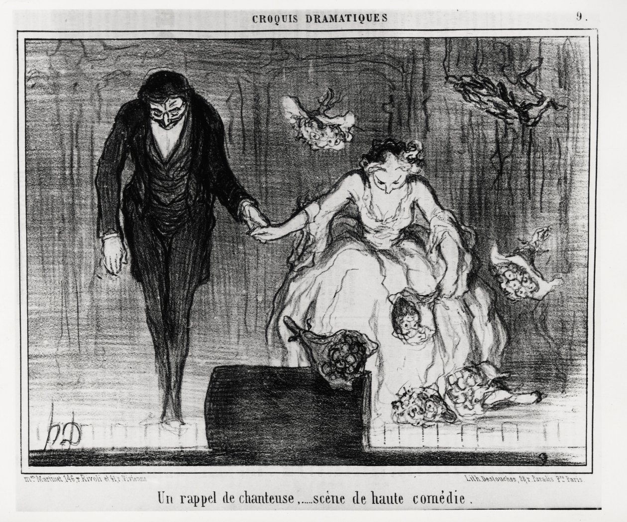 Bozzetti drammatici: un cantante promemoria, scena di alta commedia. Illustrazione di Honore Daumier, pubblicata in 