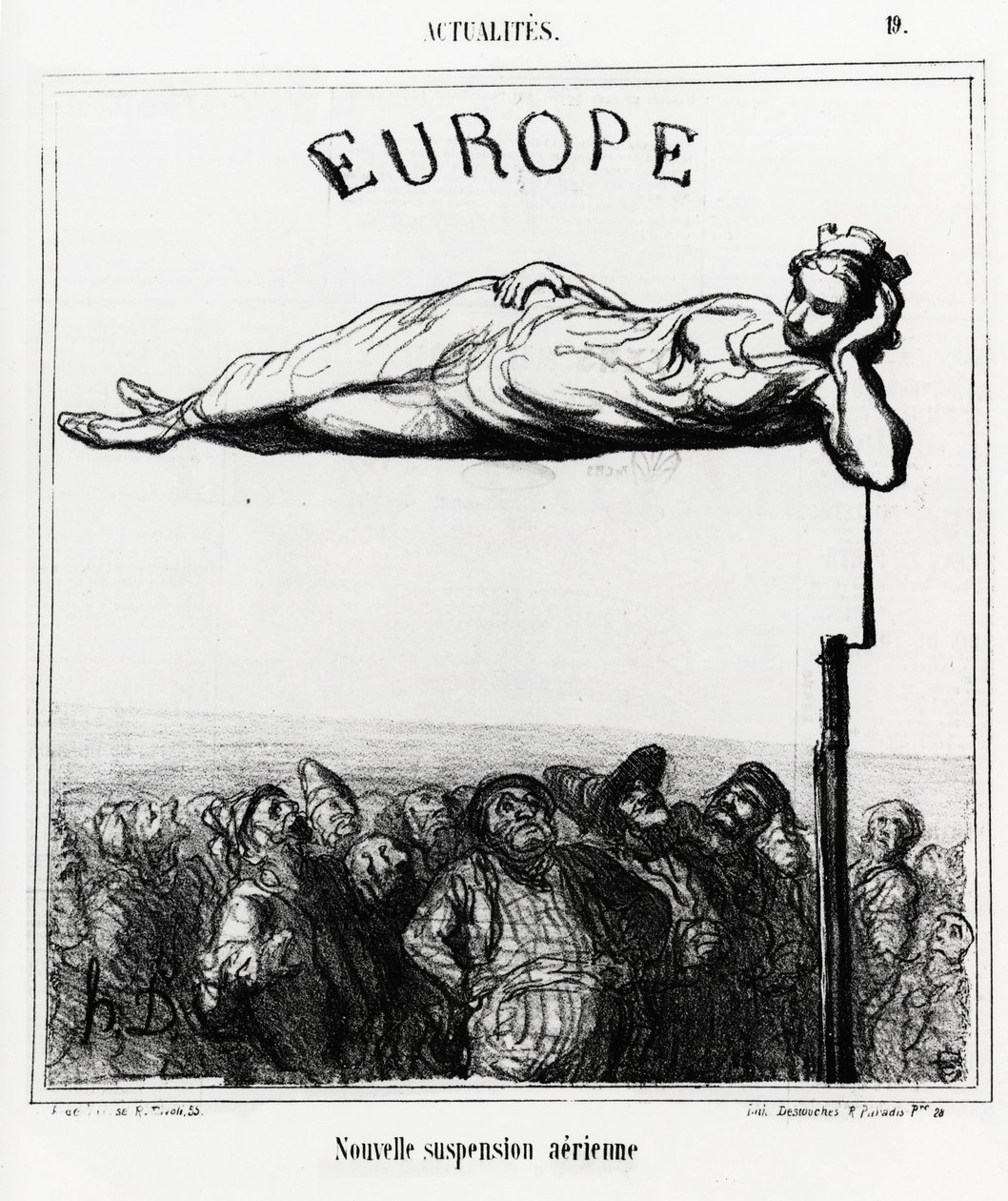 Europa: nuova sospensione ad aria. Illustrazione di Honore Daumier (1808-1879), pubblicata nelle notizie, "Charivari", data 7 febbraio 1867. da Honoré Daumier