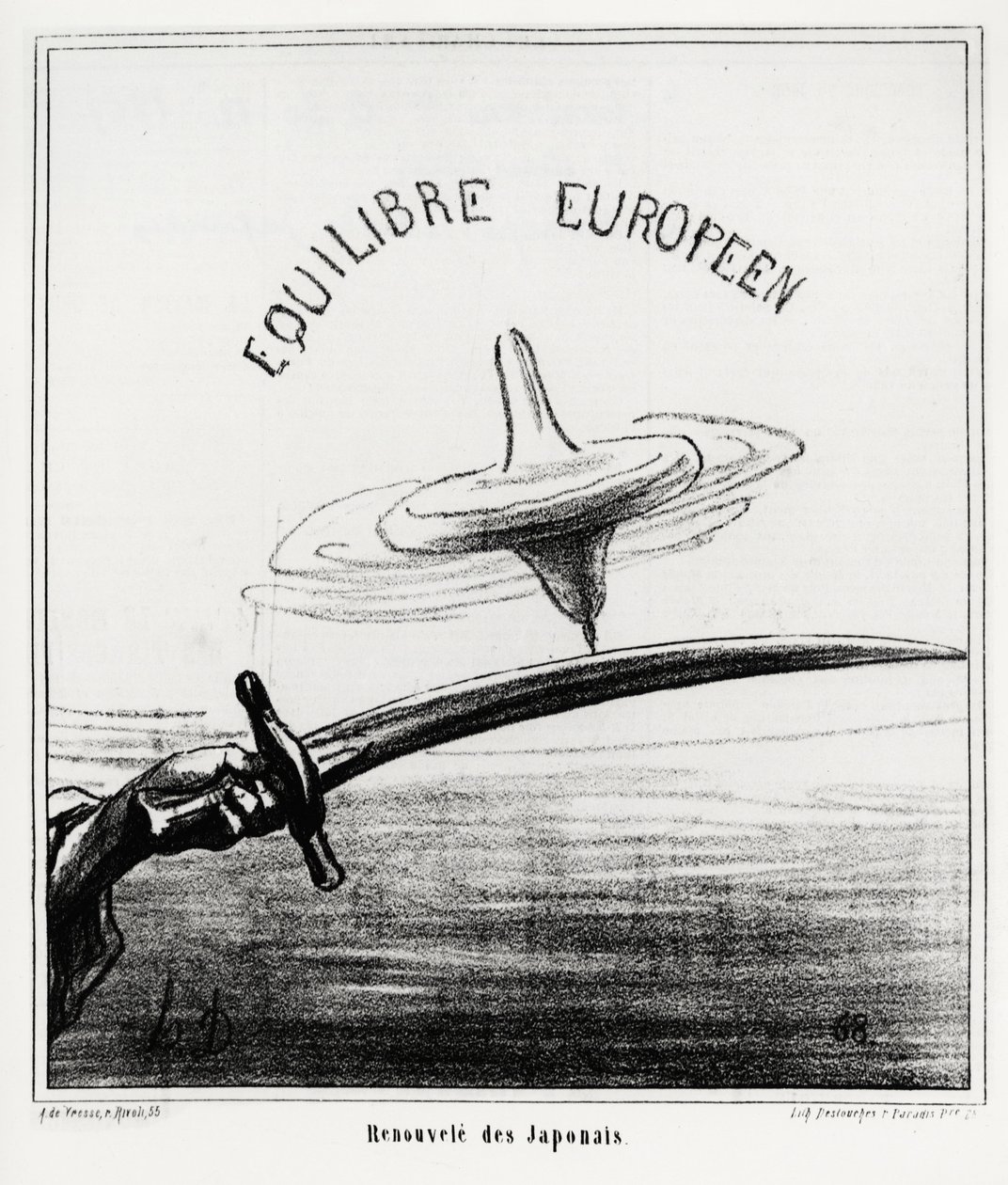 Equilibrio europeo: Rinascita giapponese. Subito dopo il ripristino del regime imperiale in Giappone, a seguito delle dimissioni dello shogunato Tokugawa nel novembre 1867. Illustrazione di Honoré Daumier (1808-1879), pubblicata nelle notizie, "Charivari", da Honoré Daumier