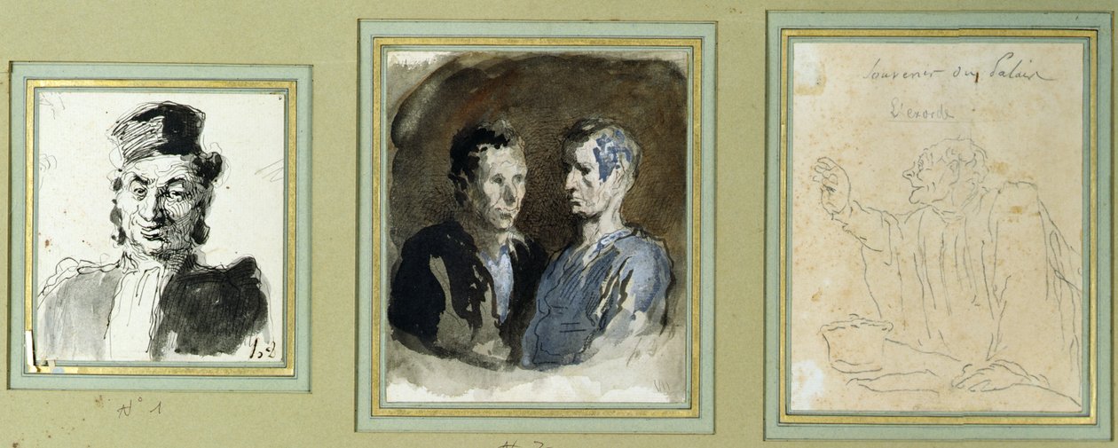 Vista frontale di un avvocato, due imputati e un litigante da Honoré Daumier