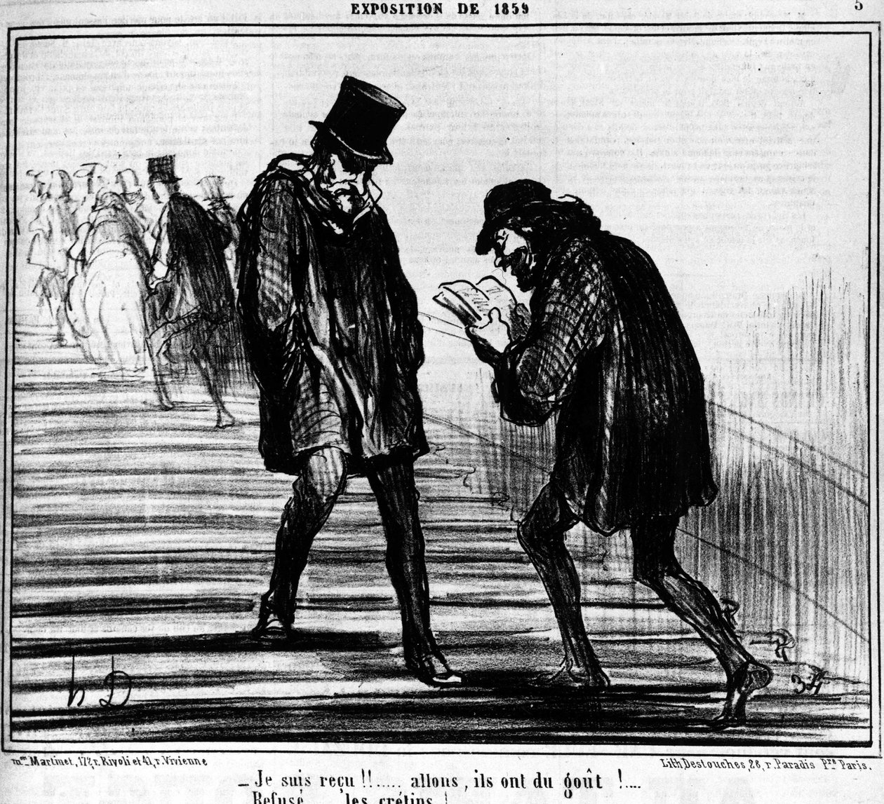 Sono stato ricevuto!!... Dai, assaggiano!... - Rifiutano... idioti! , tratto da "Quadri e Saloni", serie di cartoni animati di Honore Daumier (1808-1879). "Charivari" da Honoré Daumier