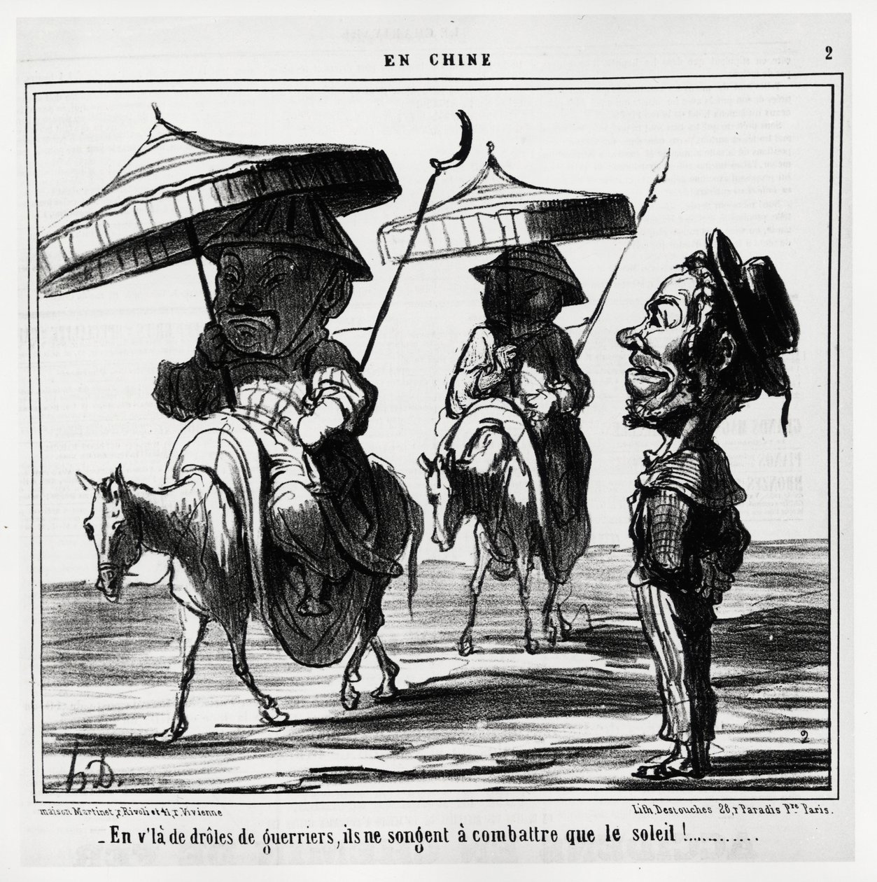 In questi guerrieri divertenti, pensano solo a combattere il sole. Nella serie En Chine, illustrazione di Honore Daumier (1808-1879), pubblicata in "Charivari", datata 8 gennaio da Honoré Daumier