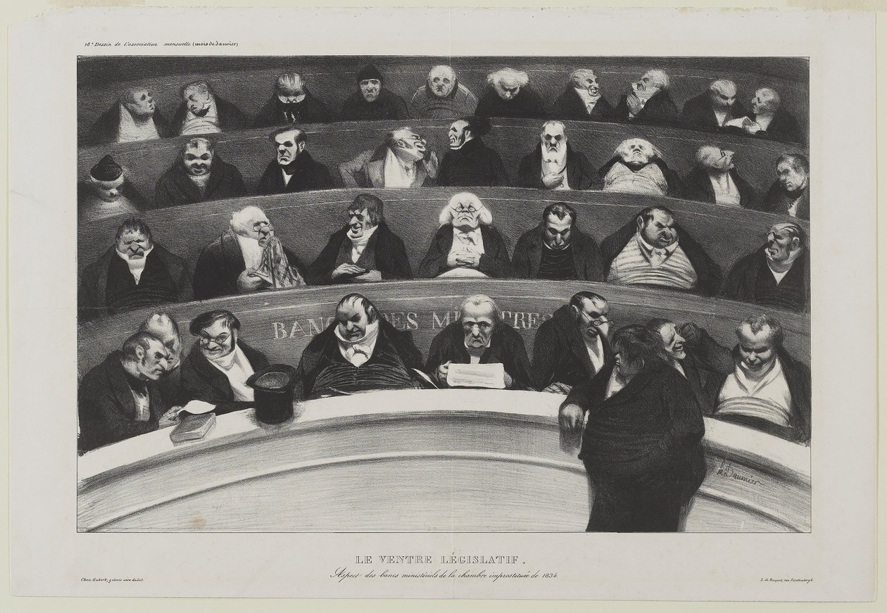 Le Ventre Législatif: Aspetto dei banchi ministeriali della camera prostituita del 1834 da Honoré Daumier