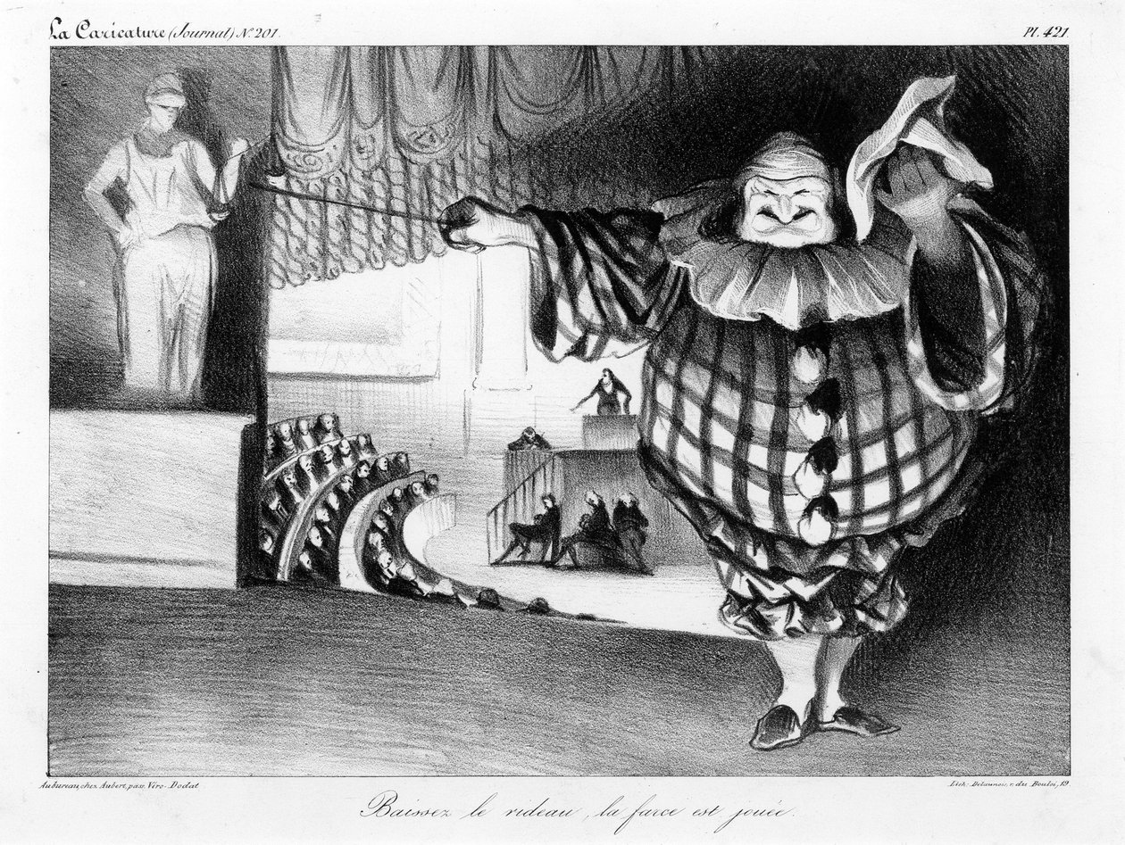 Abbassate il sipario, la farsa è finita (Baissez le rideau, la farce est jouée) tavola 421 da Honoré Daumier