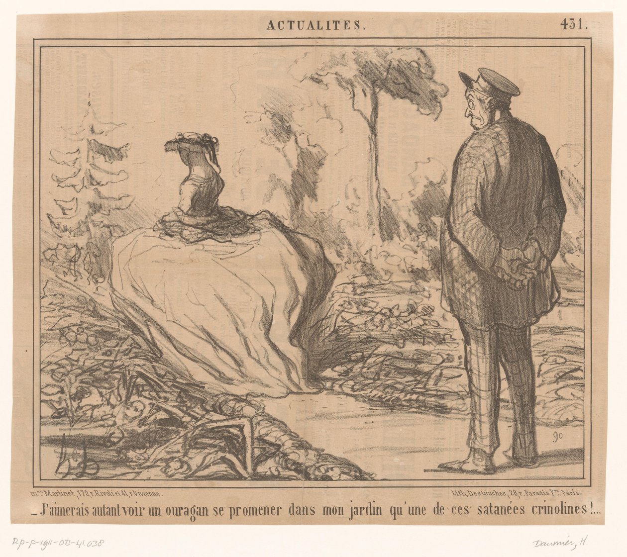 Uomo vede donna con gonna a cerchio passeggiare nel suo giardino da Honoré Daumier