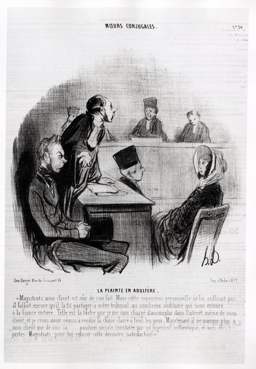 Matrimonio: Denuncia di adulterio. Illustrazione di Honore Daumier (1808-1879), pubblicata nelle notizie in "Charivari", datata 20 novembre 1840. da Honoré Daumier
