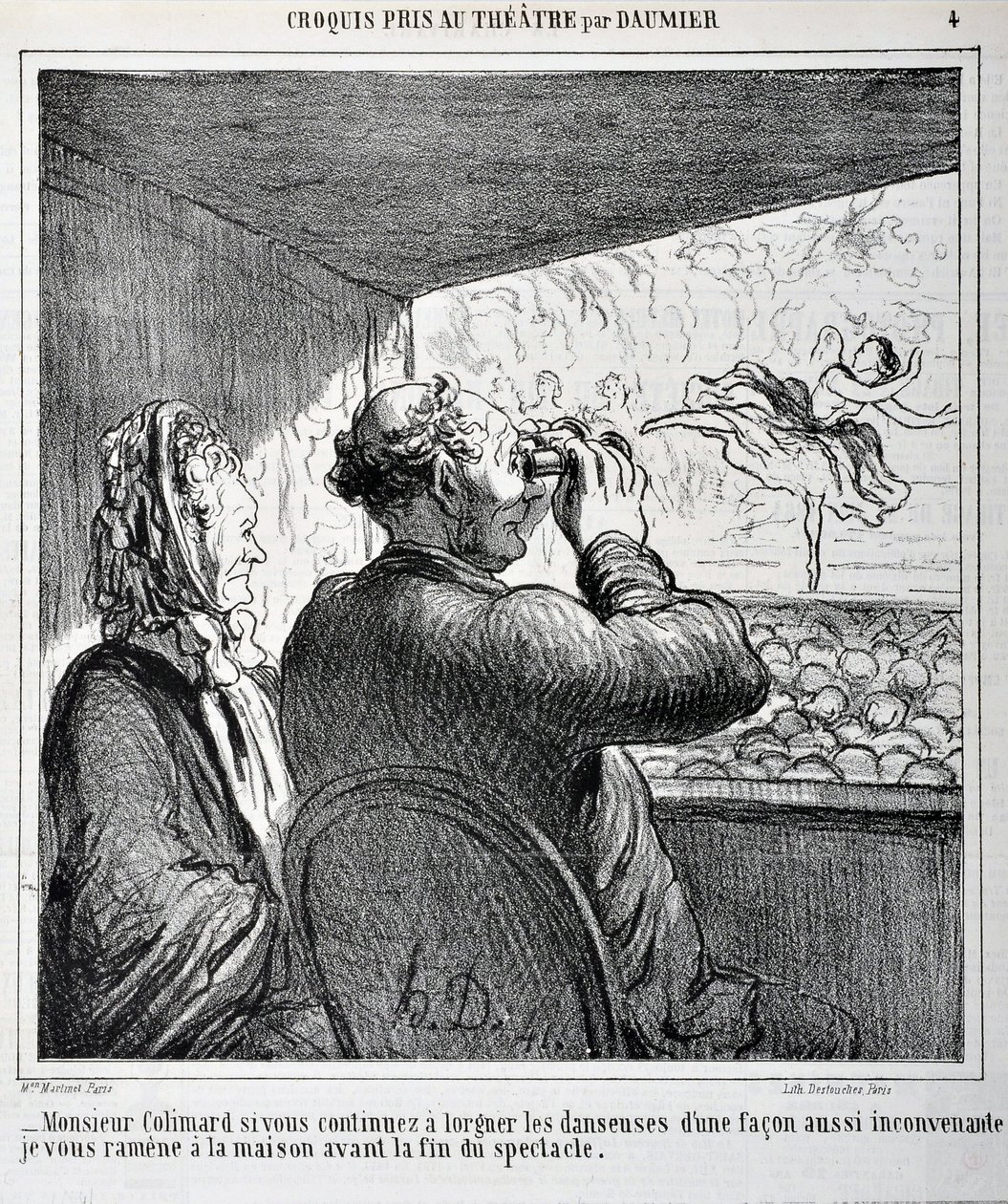 Sig. Colimard, se continui a guardare le ballerine in modo così inappropriato, ti porterò a casa prima che lo spettacolo finisca. Incisione di Honore Daumier in "Le Charivari". Palais Longchamp, Musee des Beaux Arts de Marseille da Honoré Daumier