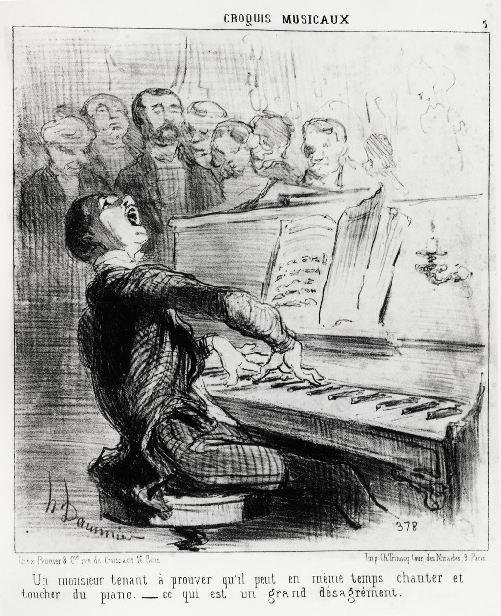 Schizzi musicali: un gentiluomo che vuole dimostrare di poter cantare e suonare il pianoforte allo stesso tempo, il che è molto disdicevole. Illustrazione di Honore Daumier (1808-1879), pubblicata in "Charivari", data 17 febbraio 1852. da Honoré Daumier