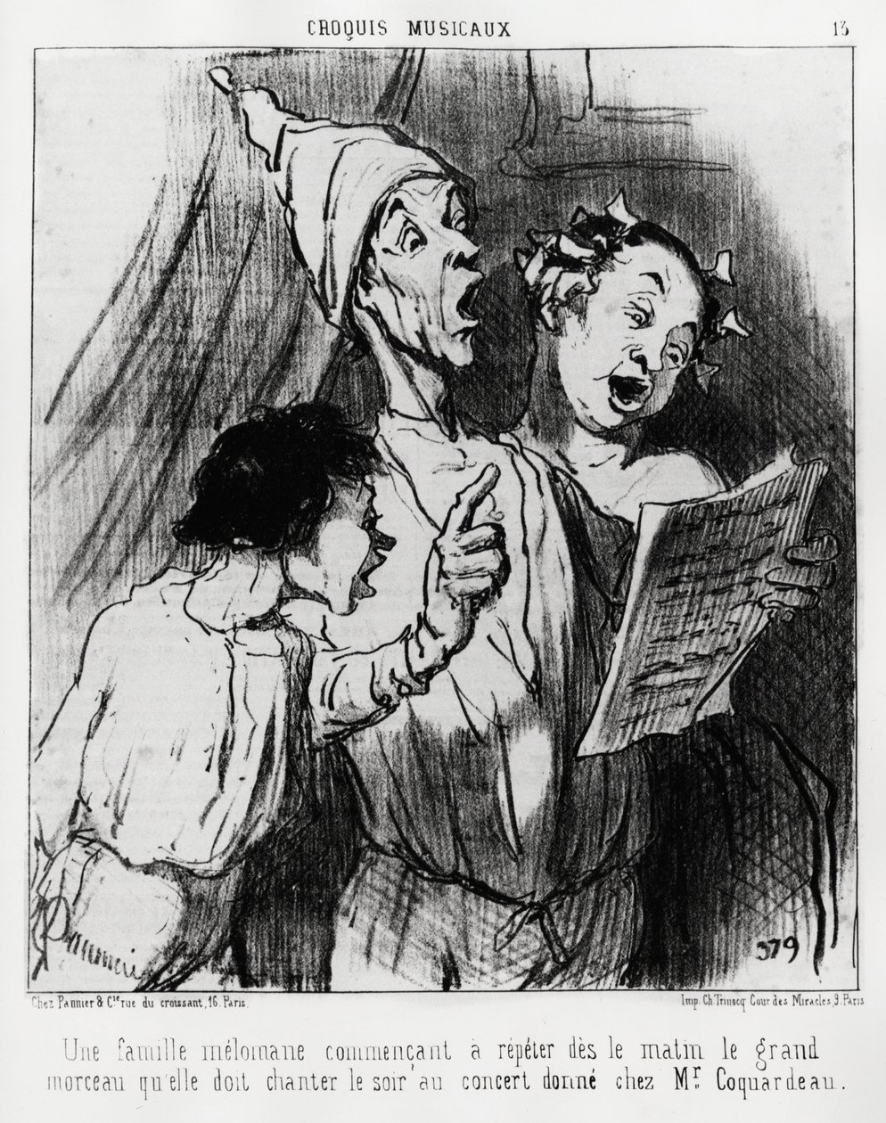 Bozzetti musicali: una famiglia melomane inizia a ripetere al mattino la grande canzone che dovevano cantare la sera al concerto dato a Mr. Coquardeau. Illustrazione di Honoré Daumier, pubblicata su 