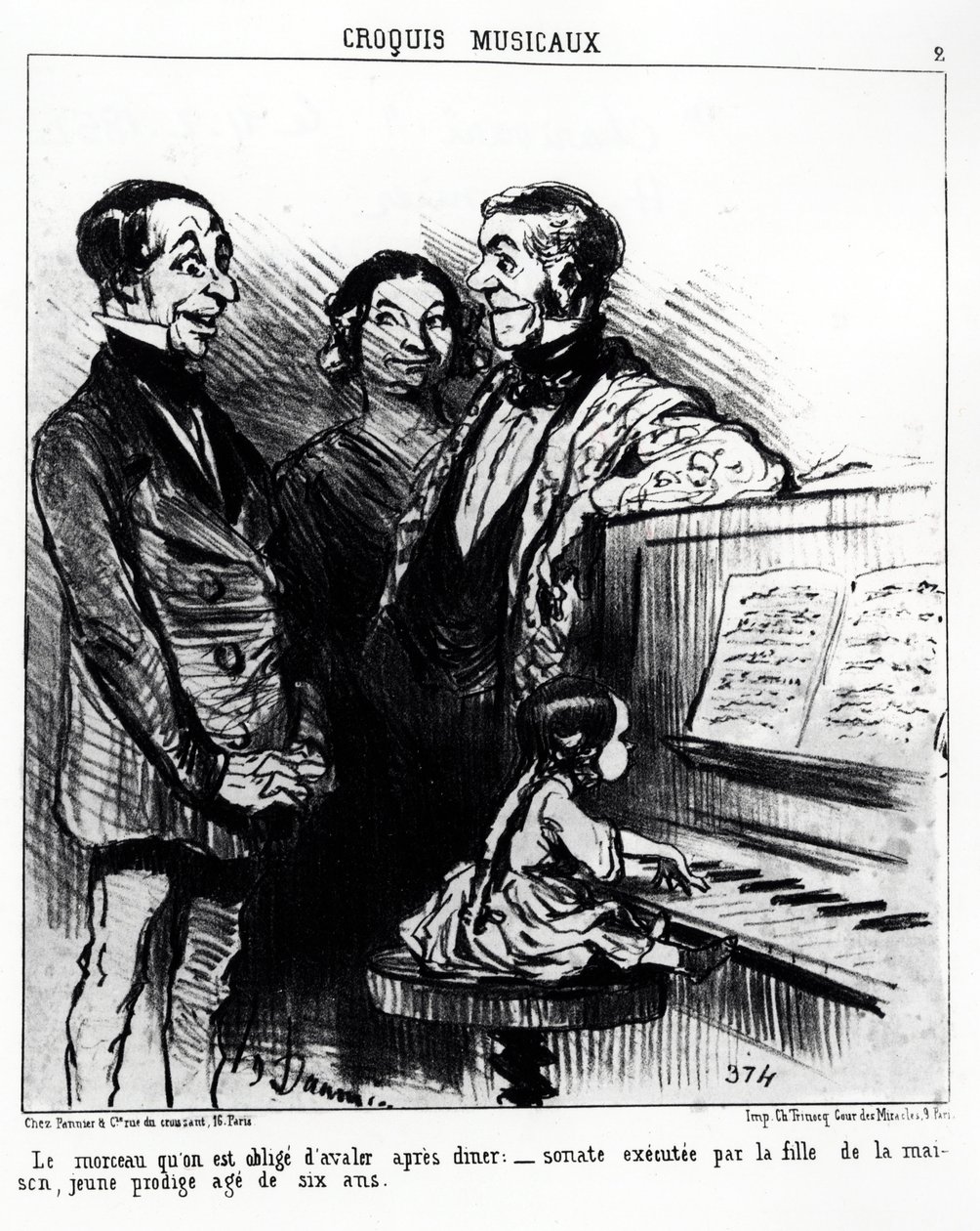 Bozzetti musicali: la canzone che sei costretto a ingoiare dopo cena: sonata eseguita dalla figlia di casa, una giovane prodigio di sei anni. Illustrazione di Honore Daumier, pubblicata in 