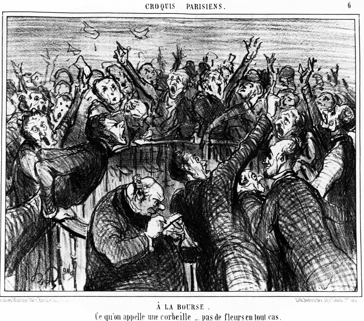 Sulla borsa, ciò che si chiama un cesto, nessun fiore in ogni caso: serie di caricature sulla borsa di Honore Daumier. "Charivari" da Honoré Daumier
