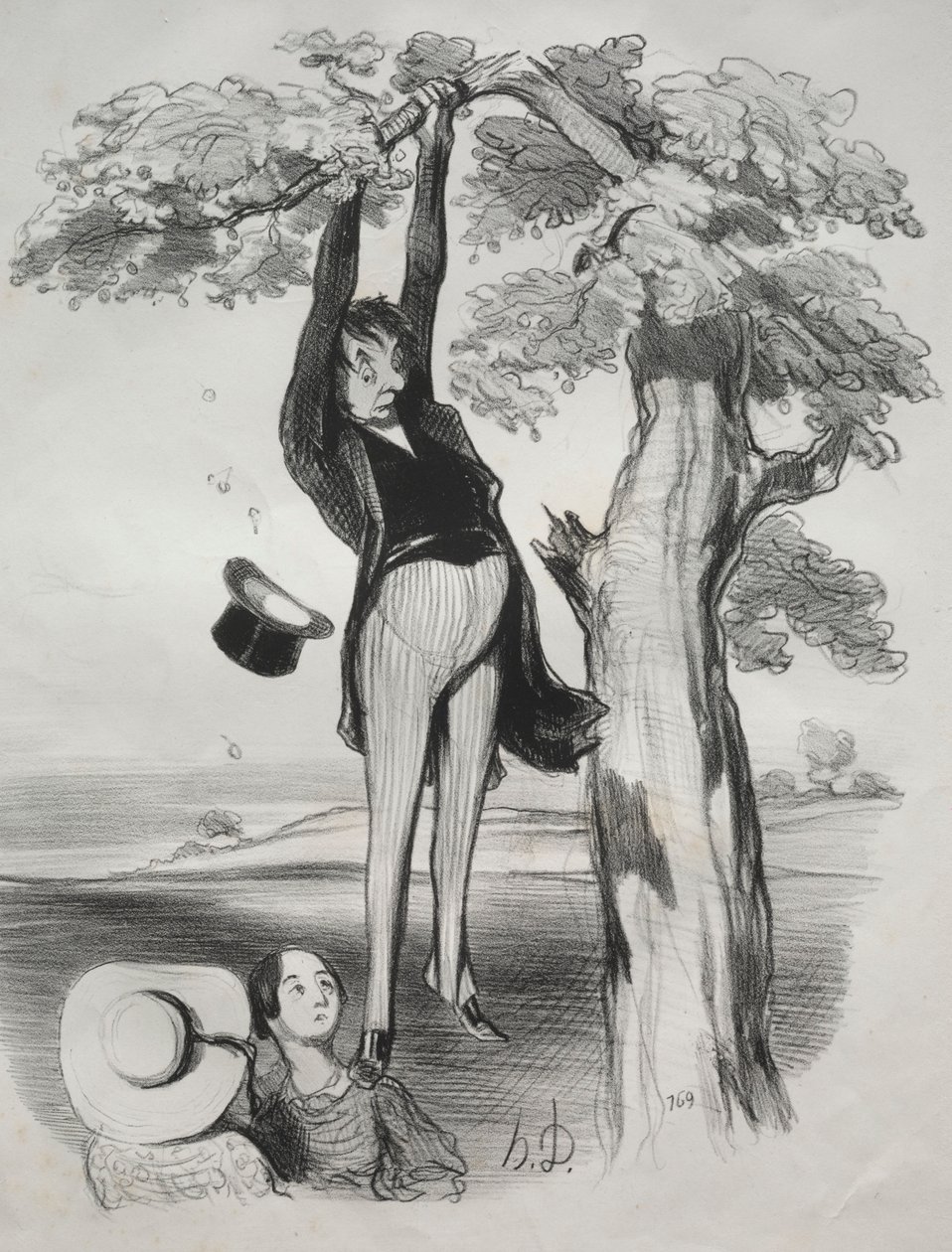 Pastorali, tavola 2: I pericoli di scuotere un albero di prugne troppo vigorosamente..., 1845 da Honoré Daumier