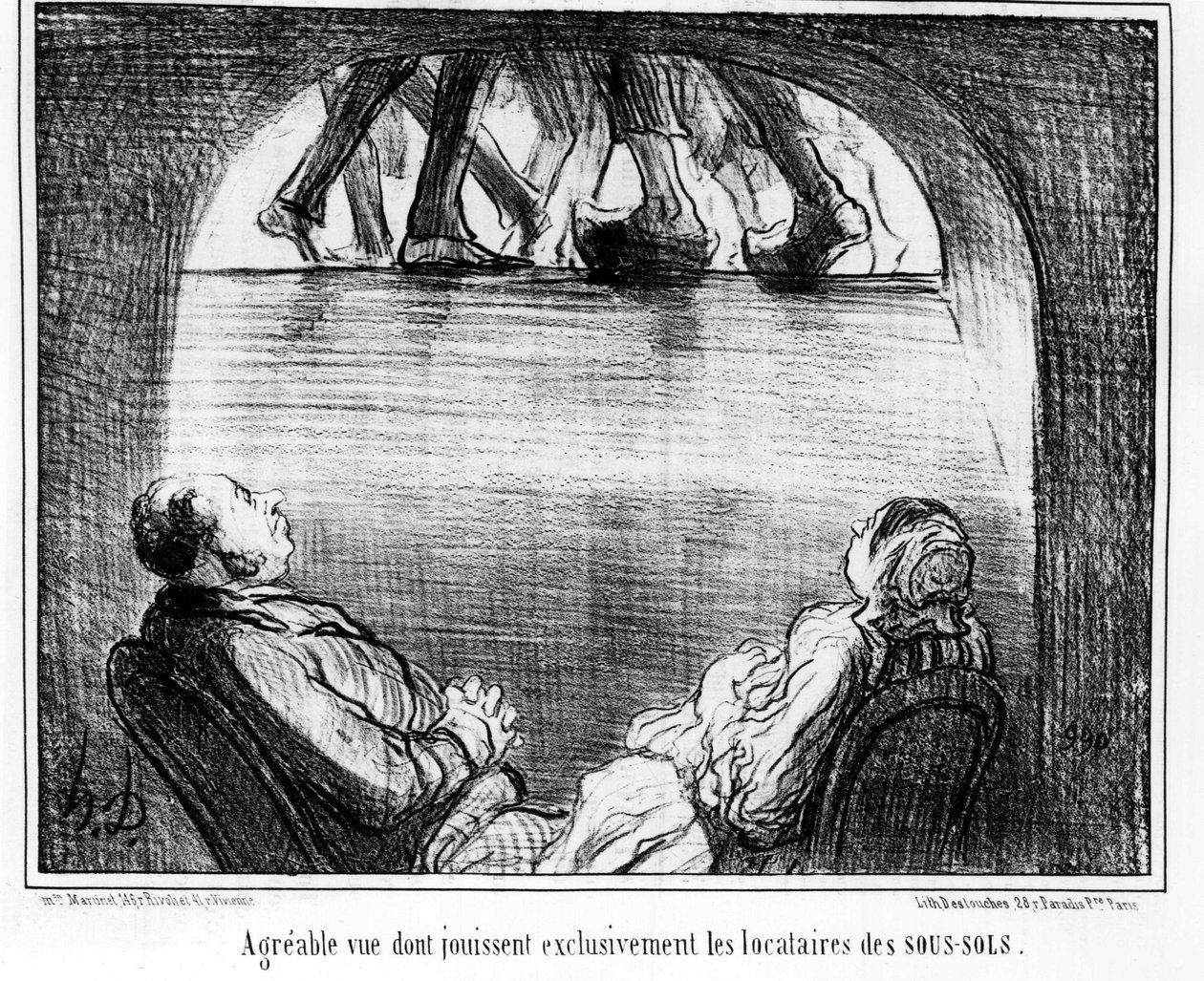 Vista piacevole goduta esclusivamente dagli inquilini dei seminterrati, tratto da "Inquilini e Proprietari", serie di cartoni animati di Honore Daumier (1808-1879). "Charivari" da Honoré Daumier