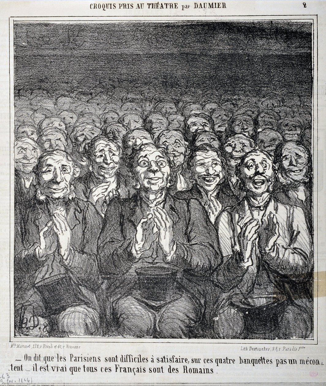Schizzo preso al teatro: "Si dice che i parigini siano difficili da soddisfare su queste quattro panchine non un malcontento è vero che tutti questi francesi sono romani". Incisione di Honore Daumier in "Le Charivari". Palais Longchamp, Musee des Beaux Art da Honoré Daumier