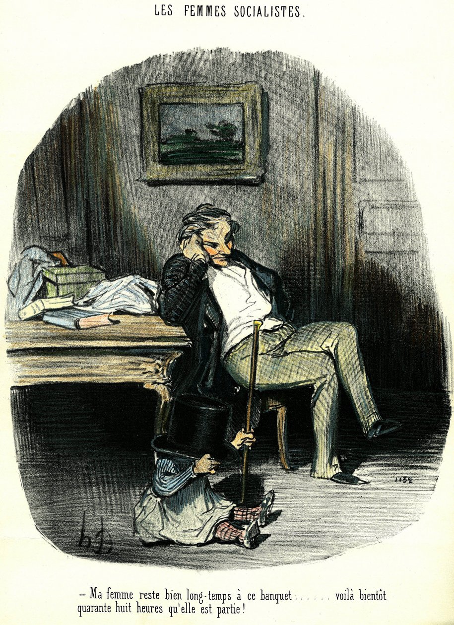 Donne socialiste. Caricatura antifemminista che raffigura un uomo che aspetta con il suo bambino la moglie scomparsa da due giorni. Litografia di Honoré Daumier (1808-1879) XIX secolo Collezione privata da Honoré Daumier