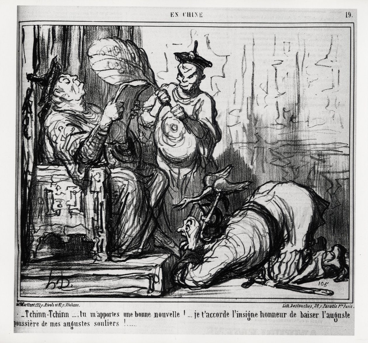 Tchinn Tchinn... Mi porti buone notizie! Ti concedo il grande onore di baciare la polvere augustea delle mie scarpe auguste. Nella serie In Cina, illustrazione di Honore Daumier (1808-1879), pubblicata in “Charivari”, datata 7 dicembre da Honoré Daumier