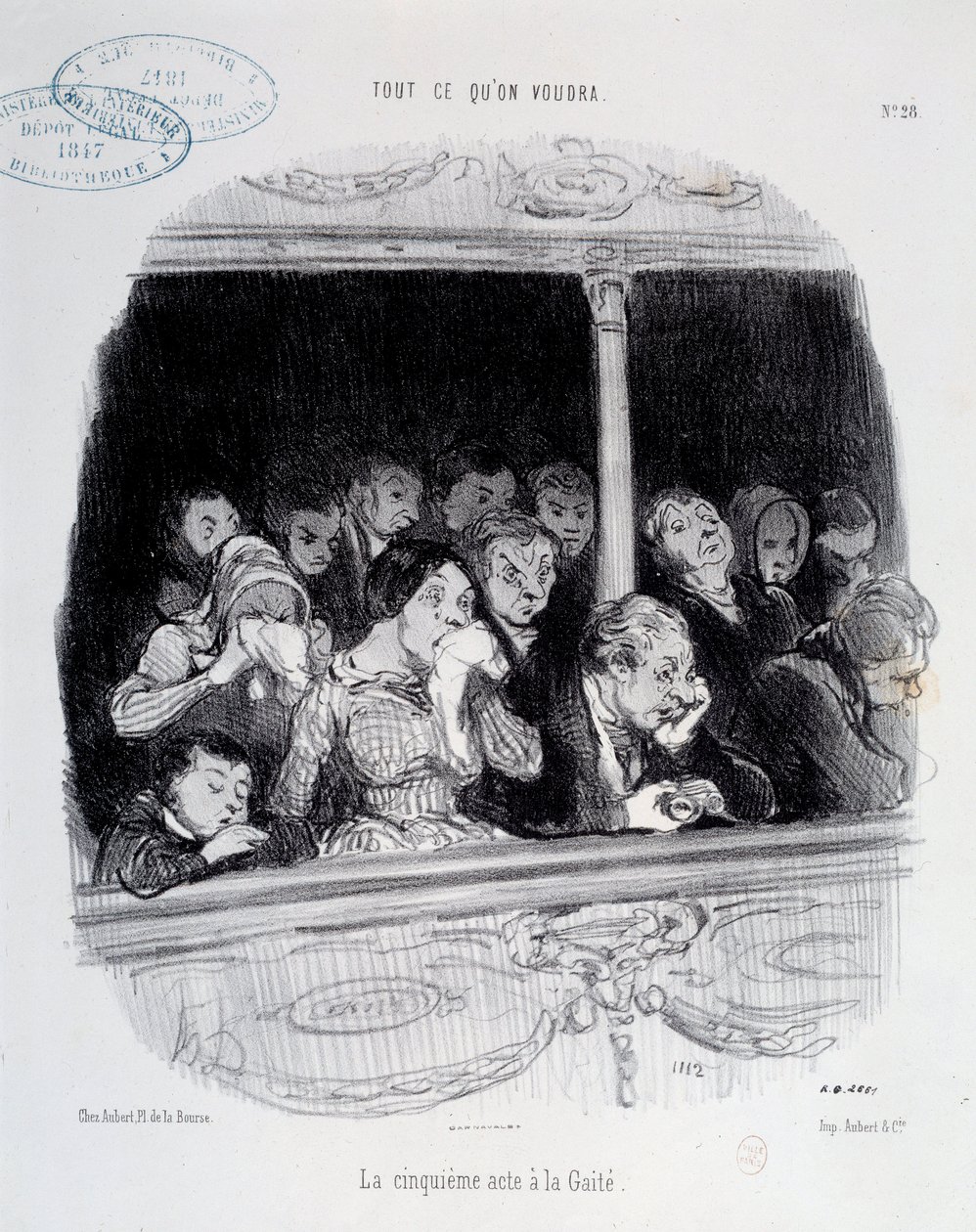 Il quinto atto alla Gaîté. Espressioni del volto del pubblico durante lo spettacolo (noia, stanchezza, disinteresse). Caricatura di Honoré Daumier (1808-1879) da Honoré Daumier
