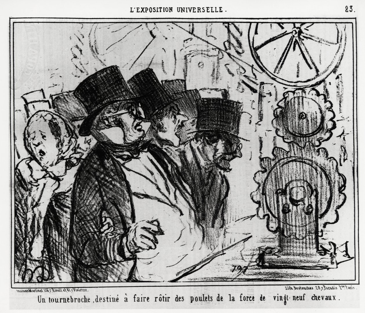 Esposizione universale: un giradischi, progettato per arrostire polli con la forza di ventinove cavalli. Illustrazione di Honore Daumier (1808-1879), pubblicata nelle notizie, “Charivari”, datata 20 luglio 1855. da Honoré Daumier