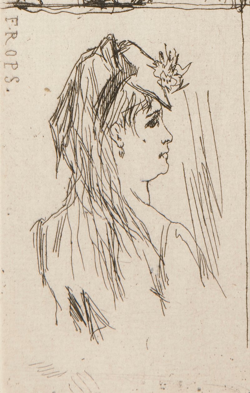 a. Testa di un vecchio di Daumier (in alto a sinistra); b. Chez Charles Beriot di Taiee (in alto al centro); c. Testa di una giovane donna di Rops (in alto a destra); d. Paesaggio fluviale di Harpignies (in basso al centro); e. Profilo di una giovane donna da Honoré Daumier