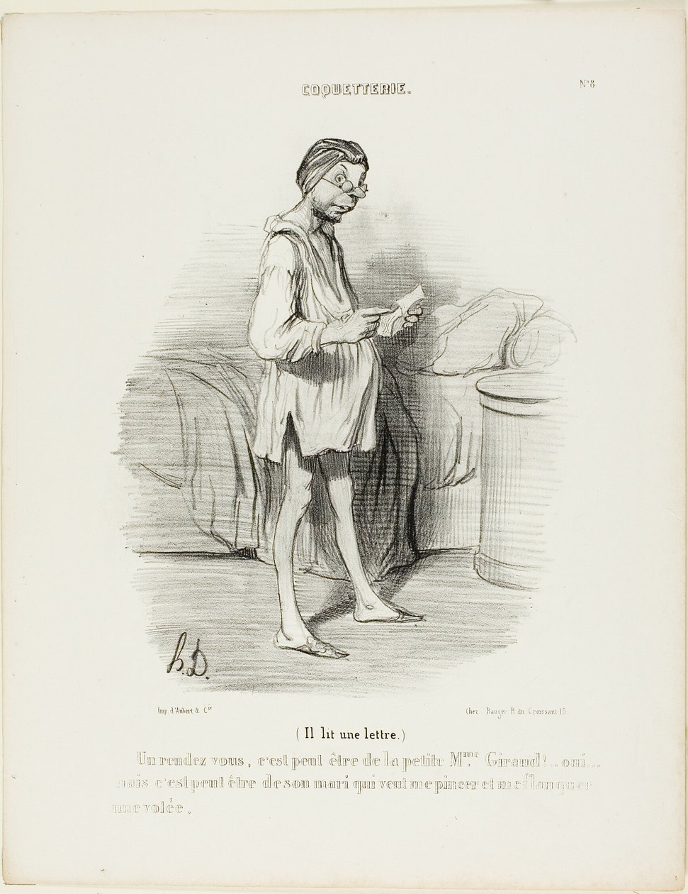 (Legge una lettera) "Un appuntamento, potrebbe essere della simpatica Mme Giraud Sì, ma potrebbe anche essere di suo marito che vuole darmi un pizzicotto...", piatto 8 da Coquetterie da Honoré Victorin Daumier