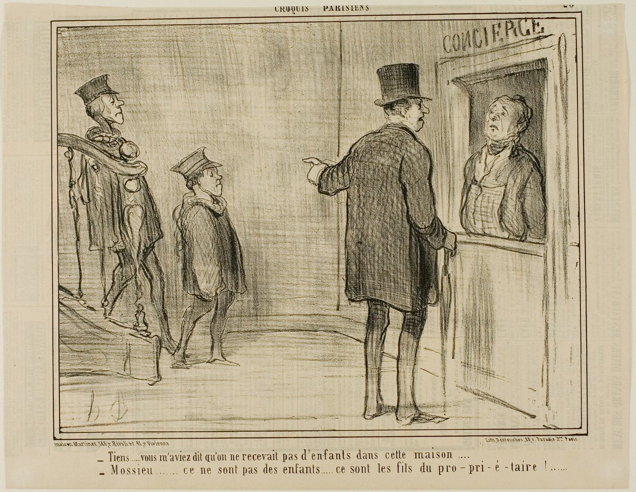 "- Ma mi avete detto che i bambini non sono ammessi in questa casa... - Signore, questi non sono bambini... sono i figli del proprietario!...", tavola 23 da Croquis Parisiens, - par Daumier da Honoré Victorin Daumier