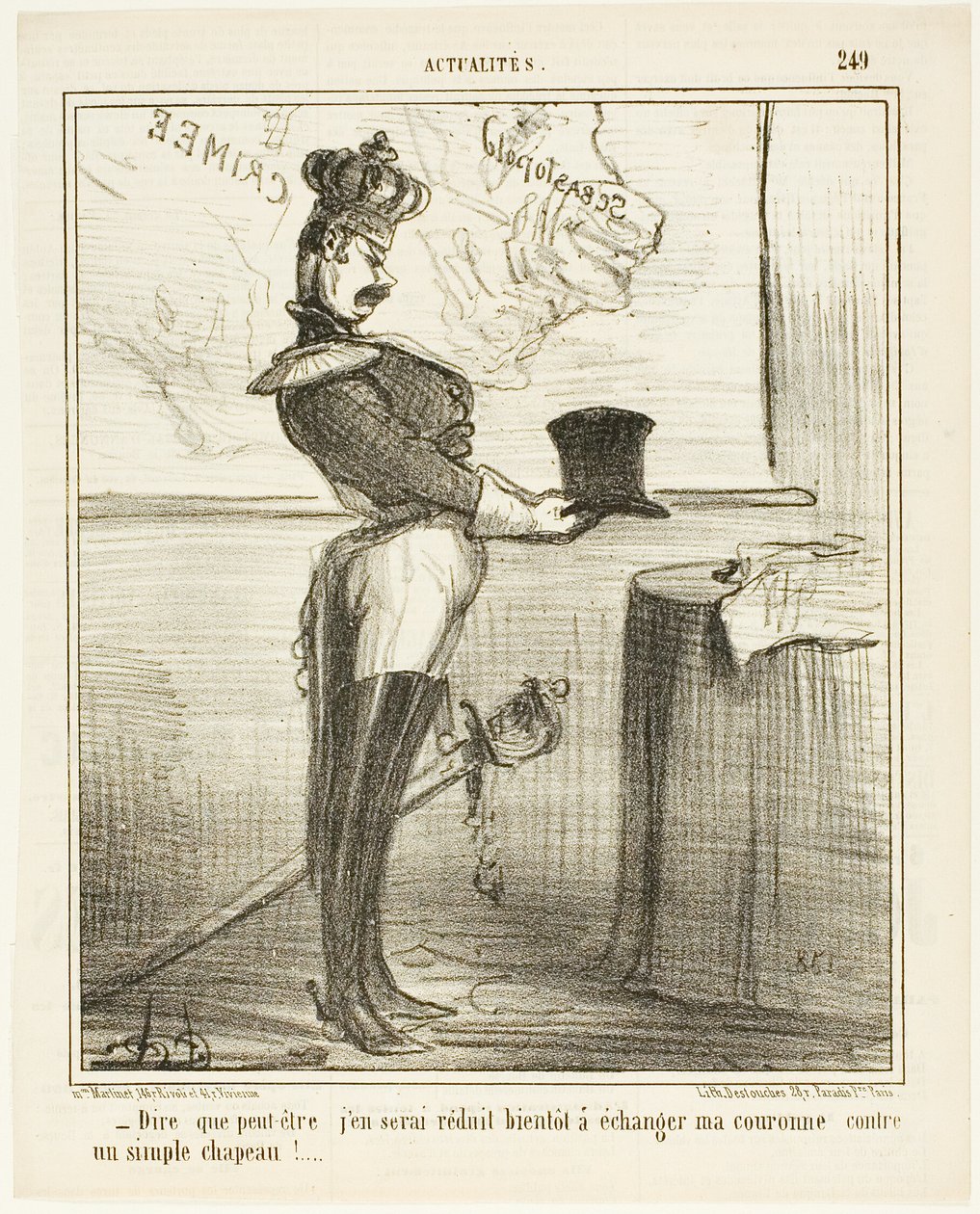 "Difficile immaginare che un giorno potrei dover scambiare la mia corona con un semplice cappello", targa 249 di Actualités da Honoré Victorin Daumier