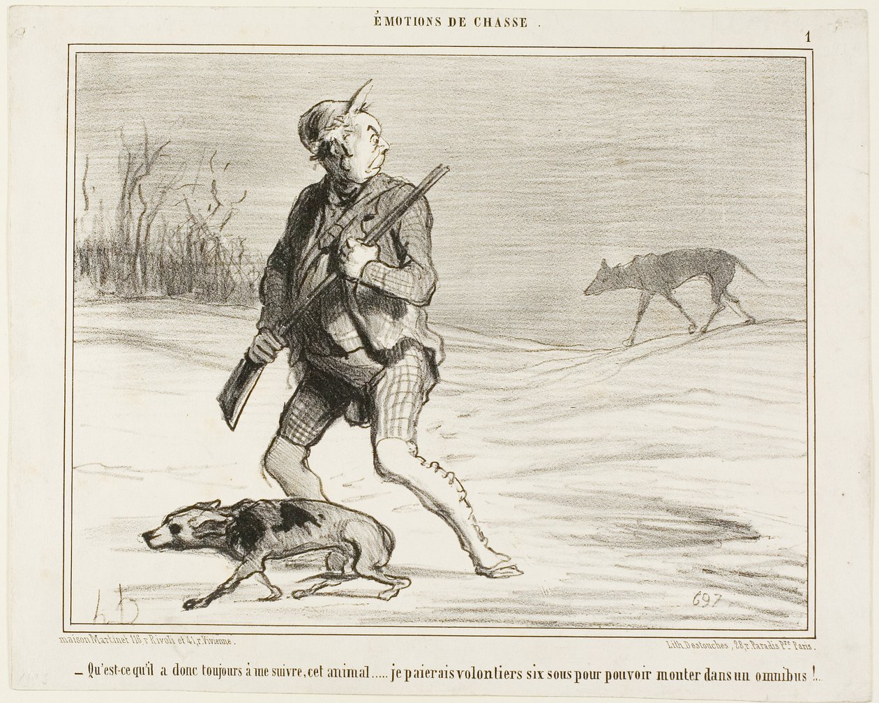 "- Mi chiedo perché questa bestia mi segua sempre... Pagherò volentieri 6 sous per saltare su un autobus", piatto 1 da Émotions de Chasse da Honoré Victorin Daumier