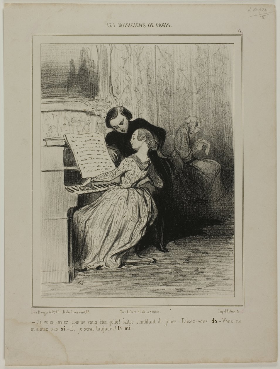 "- Se solo sapessi quanto sei bella!... Fai finta di giocare! - Smettila... DO - Tu non mi ami!...COSÌ - Sarò sempre tua. ... MI", piatto 6 da Les Musiciens De Paris da Honoré Victorin Daumier