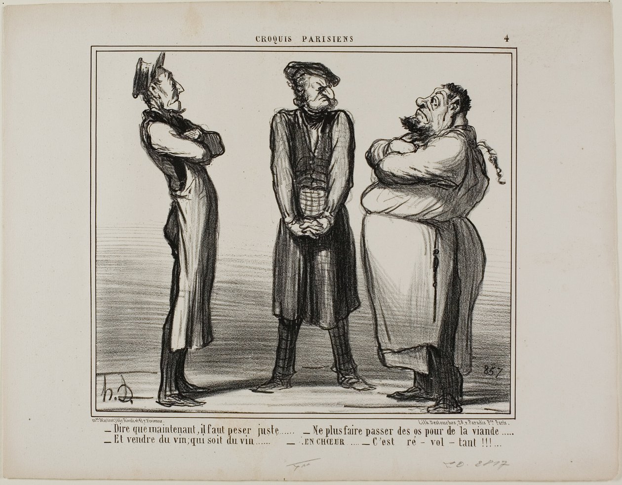 "- Incredibile... ma ora dobbiamo indicare il peso esatto! - e non possiamo più vendere ossa per carne - e il vino deve essere davvero vino! - tutto insieme ora: È DISGUSTOSO!", piatto 4 da Croquis Parisiens da Honoré Victorin Daumier