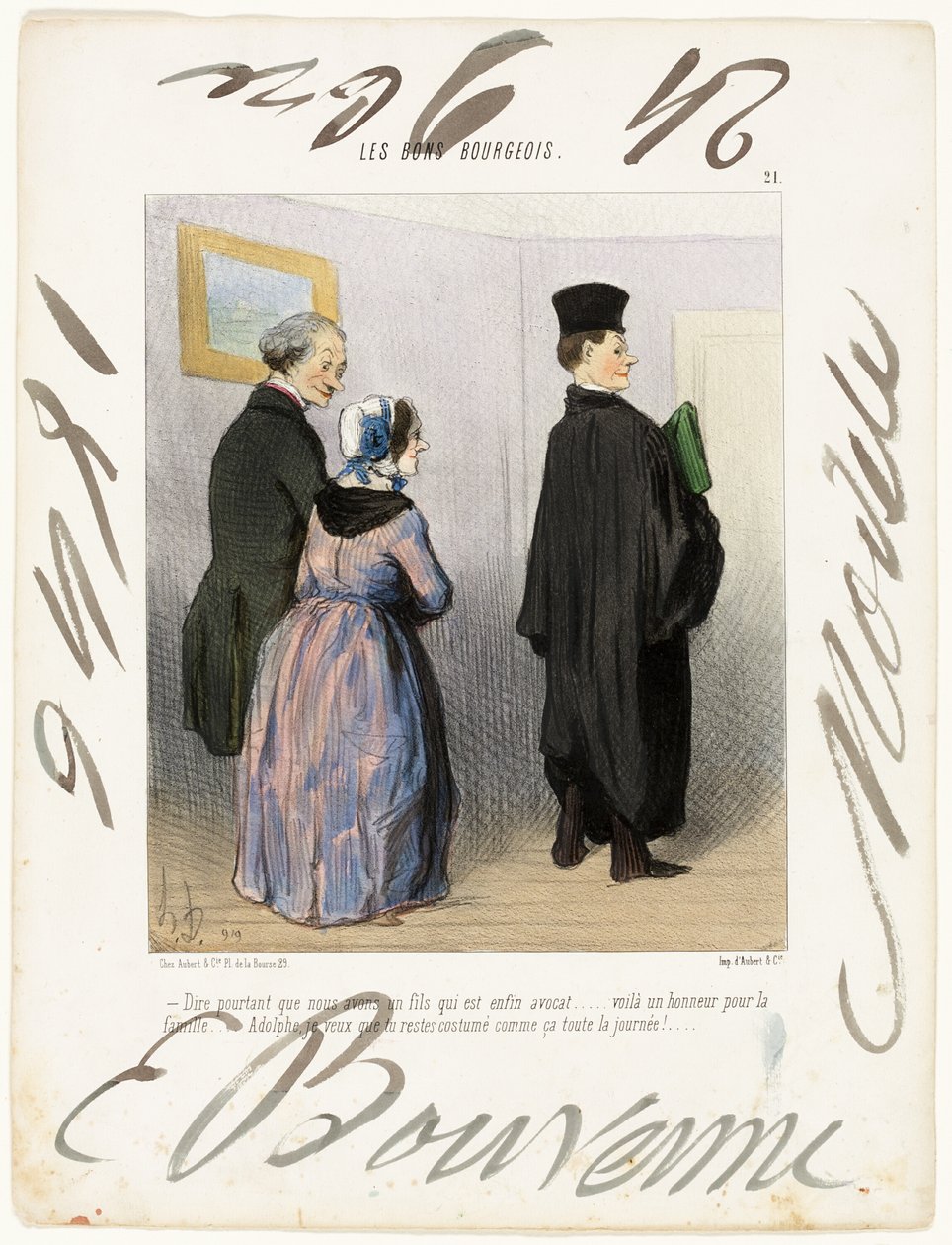 "- Non è meraviglioso avere un figlio avvocato... che onore per la famiglia... Adolph, voglio che tu rimanga vestito così tutto il giorno!...", piatto 21 da Les Bons Bourgeois da Honoré Victorin Daumier