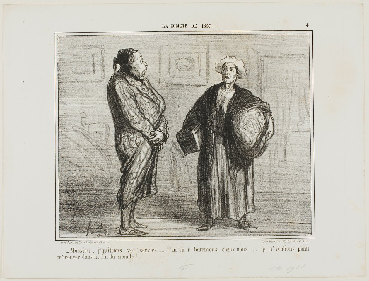 "- Monsieur, lascio il vostro servizio, vado a casa... Non voglio essere qui quando il mondo finirà", tavola 4 da La Cométe De 1857 da Honoré Victorin Daumier